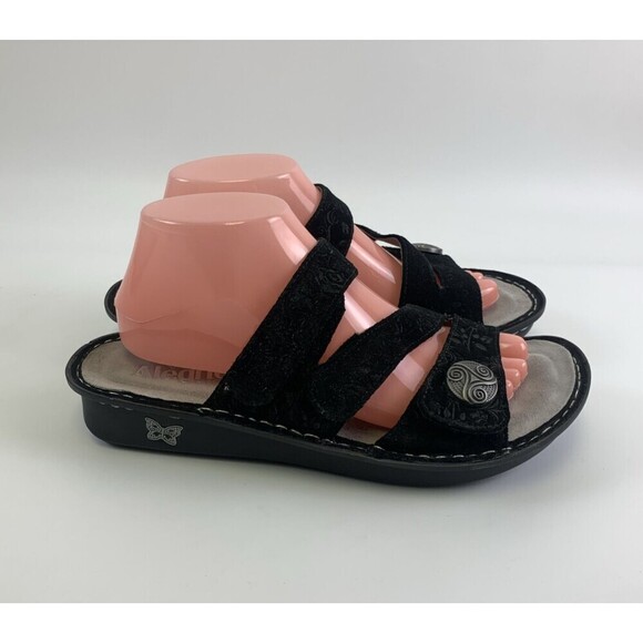Alegria Strappy Slide Sandal Black Nubuck Embossed Slip On Womens 40 9.5 - 10 - Picture 3 of 15